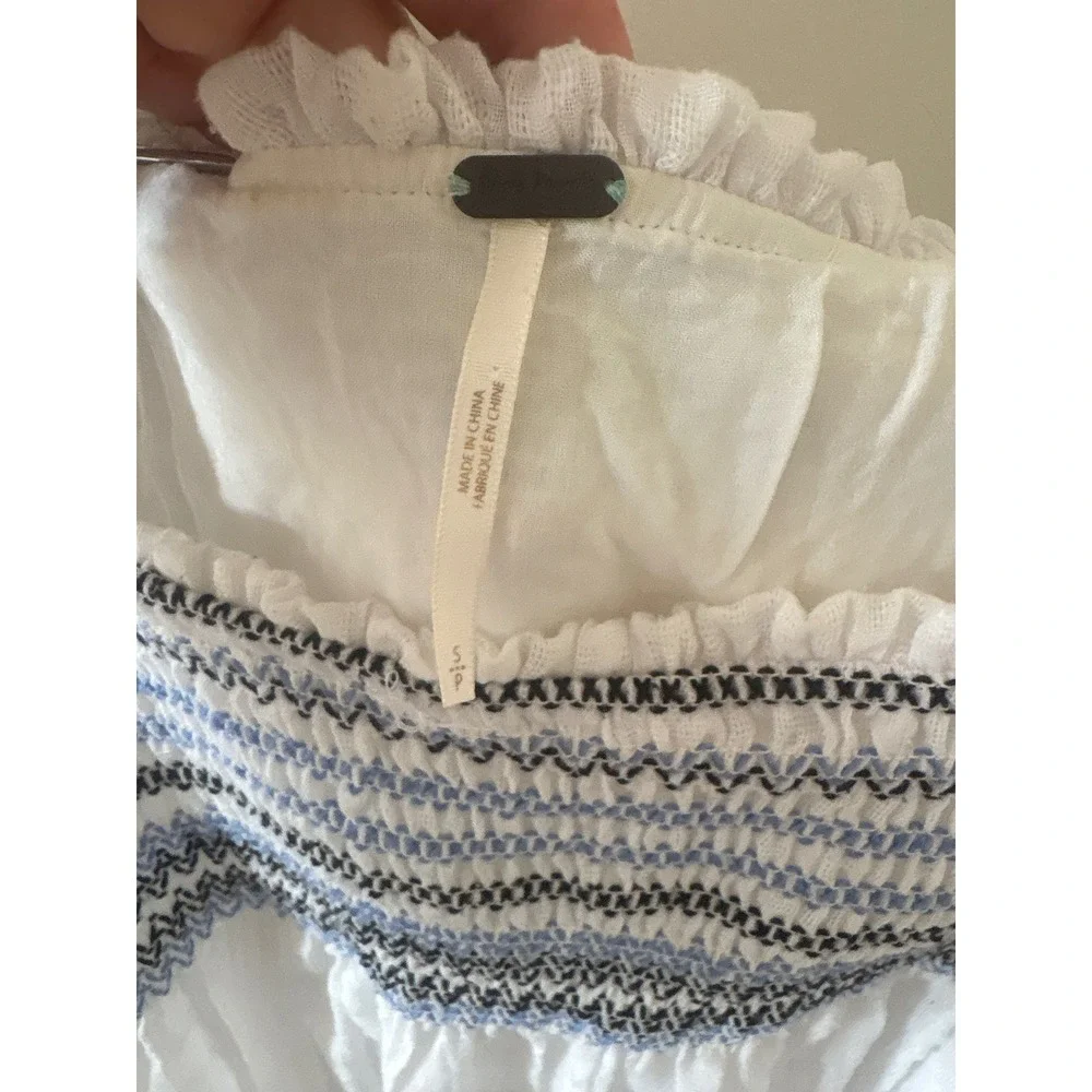 Free People White Smocked Embroidered Gauze Boho Crop Top Size S
